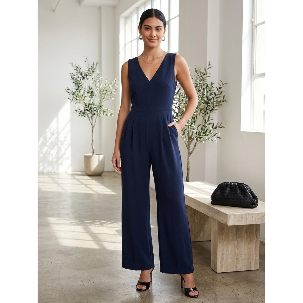 J.Crew Navy Blue Tie-Back V-Neck Wide Leg Crepe Jumpsuit Size 8